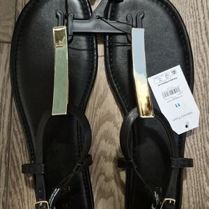 Time and Tru Black and Gold Sandals
